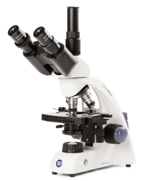Euromex MB.1153 MicroBlue trinocular microscope with achromatic 4/10/S40/S100x oil DIN 35 mm objectives, mechanical stage and LED illumination