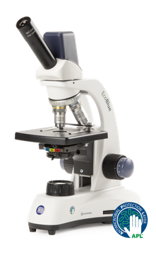 Euromex EC.1005 EcoBlue monocular microscope with achromatic 4/10/S40x objectives, plain stage with clamps and 1 W LED illumination and 5 MP digital CMOS camera