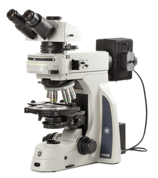 Euromex DX.2053-PLPOLRi Delphi-X Observer, trinocular microscope with SWF 10x/25 mm Ø 30 mm eyepieces, plan PLPOLi 5/10/20/50 IOS strain free objectives for polarization, EIS 60 mm parfocal, 190 mm round stage. Rotatable 360° polarizer and slider wit