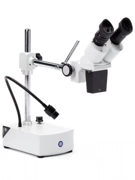 Euromex BE.1812 Stereo microscope for long working distance (230 mm) has a 45° binocular head with diopter adjustment. Supplied with dovetailed 0,5x and 1x objective, 5x and 10x total magnification. 1 W LED illumination