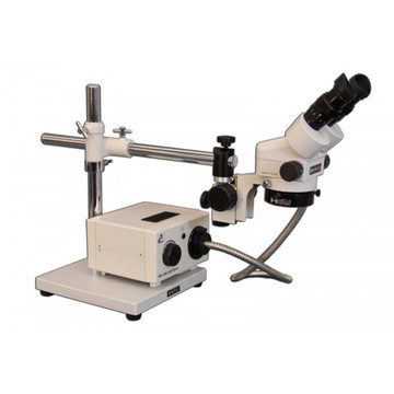 Meiji SMT-5 Binocular Stereo Zoom Microscope with Annular Ring Fiber Optic Ring Light on Boom Stand for Surface Mount Technology Inspection, 7x - 90x Magnification Meiji SMT-5 Binocular Stereo Zoom Microscope with Annular Ring Fiber Optic Ring Light on Boom Stand for Surface Mount Technology Inspection, 7x - 90x Magnification