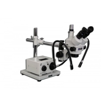 Meiji MDM-5TR Trinocular Stereo Zoom Microscope with Fiber Optic Dual Arm Light on Boom Stand for Medical Device Manufacturing Inspection, 7x - 90x Magnification Meiji MDM-5TR Trinocular Stereo Zoom Microscope with Fiber Optic Dual Arm Light on Boom Stand for Medical Device Manufacturing Inspection, 7x - 90x Magnification