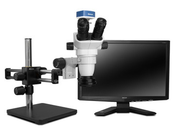 Scienscope SZ-PK10-R3E, SSZ-II Stereo Zoom Trinocular Microscope on Dual Arm Boom Stand with 1080p HDMI/USB Camera, LED Ring Light & 23" HD LCD Monitor Scienscope SZ-PK10-R3E, SSZ-II Stereo Zoom Trinocular Microscope on Dual Arm Boom Stand with 1080p HDMI/USB Camera, LED Ring Light & 23" HD LCD Monitor