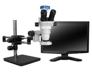 Scienscope SZ-PK10-E1, SSZ-II Stereo Zoom Trinocular Microscope on Dual Arm Boom Stand with 1080p HDMI/USB Camera, LED Ring Light & 23" HD LCD Monitor Scienscope SZ-PK10-E1, SSZ-II Stereo Zoom Trinocular Microscope on Dual Arm Boom Stand with 1080p HDMI/USB Camera, LED Ring Light & 23" HD LCD Monitor