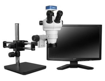 Scienscope NZ-PK10-R3E, NZ Stereo Zoom Trinocular Microscope on Dual Arm Boom Stand with 1080p HDMI/USB Camera, LED Ring Light & 23" HD LCD Monitor Scienscope NZ-PK10-R3E, NZ Stereo Zoom Trinocular Microscope on Dual Arm Boom Stand with 1080p HDMI/USB Camera, LED Ring Light & 23" HD LCD Monitor