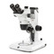 Trinocular stereo zoom microscope NexiusZoom EVO, 0.65x to 5.5x zoom objective, magnification from 6.5x to 55x with rack and pinion stand.  Incident and transmitted 3 W LED illuminations