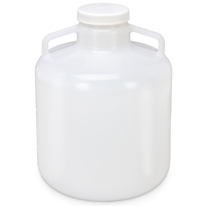 Carboy, Round with Handles, Wide Mouth, LDPE, White PP Screwcap, 20 Liter, Molded Graduations