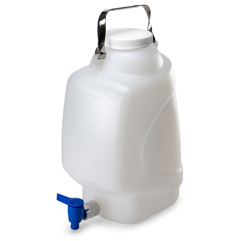 Carboy, Rectangular with Spigot and Handle, HDPE, White PP Screwcap, 20 Liter, Molded Graduations