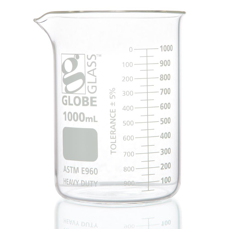 Beaker, Globe Glass, 1000mL, Low Form Griffin Style, Heavy Duty, Dual Graduations, ASTM E960, 6/Box