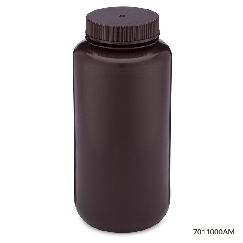 Bottle, Wide Mouth, HDPE Bottle, Attached PP Screw Cap, Amber, 1000mL, 6/Pack