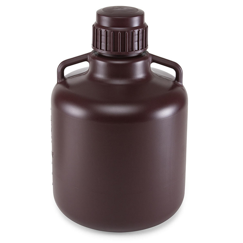 Carboy, Round with Handles, Amber HDPE, Amber PP Screwcap, 10 Liter, Molded Graduations