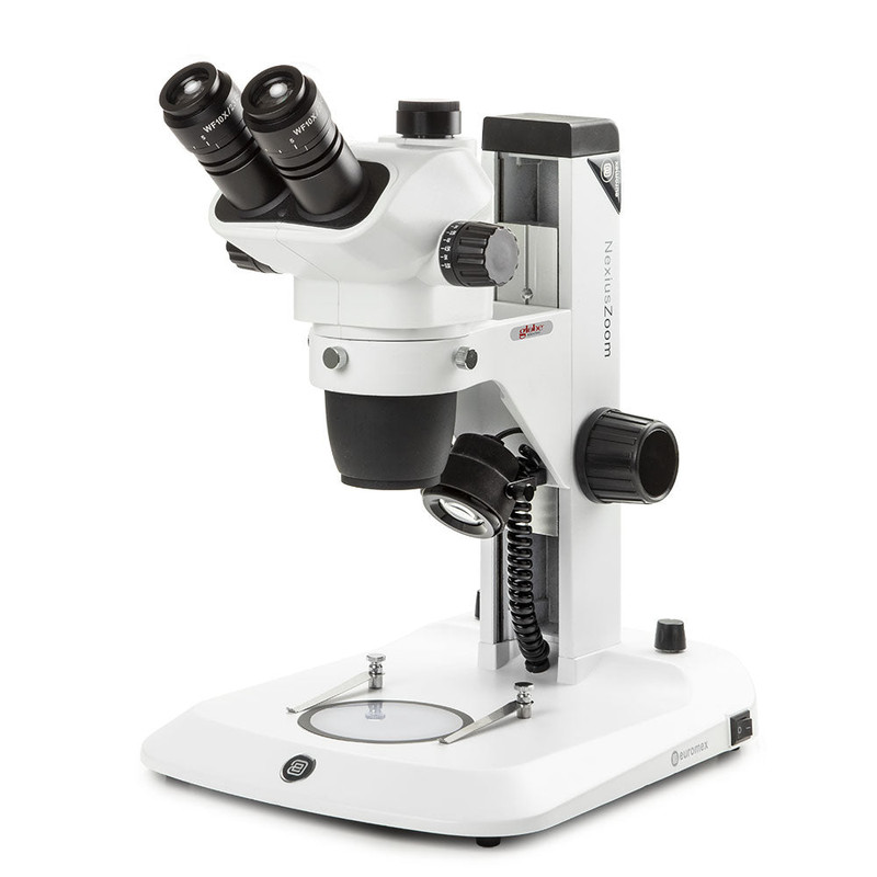 Trinocular stereo zoom microscope NexiusZoom EVO, 0.65x to 5.5x zoom objective, magnification from 6.5x to 55x with pillar. Incident and transmitted 3W LED illuminations, with CMEX-18 Pro, 18.0MP digital USB-3 camera with 1/2.3 inch CMOS sensor