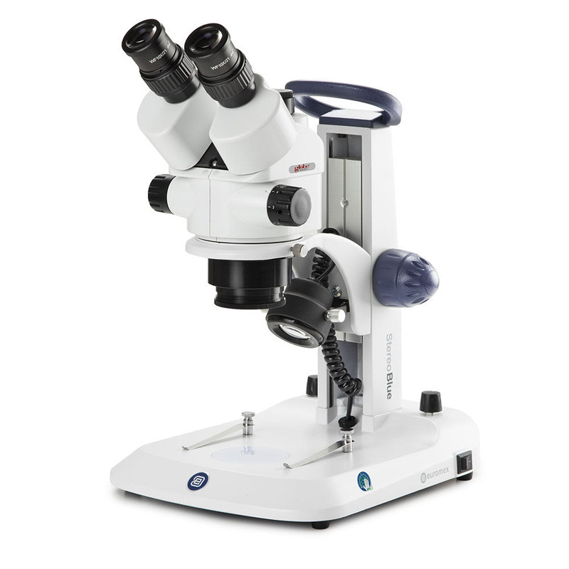 Trinocular stereo zoom microscope StereoBlue, 0.7x to 4.5x zoom objective, magnification from 7x to 45x, ergonomically stand with incident and transmitted LED illumination, with CMEX-18 Pro, 18.0MP digital USB-3 camera with 1/2.3 inch CMOS sensor