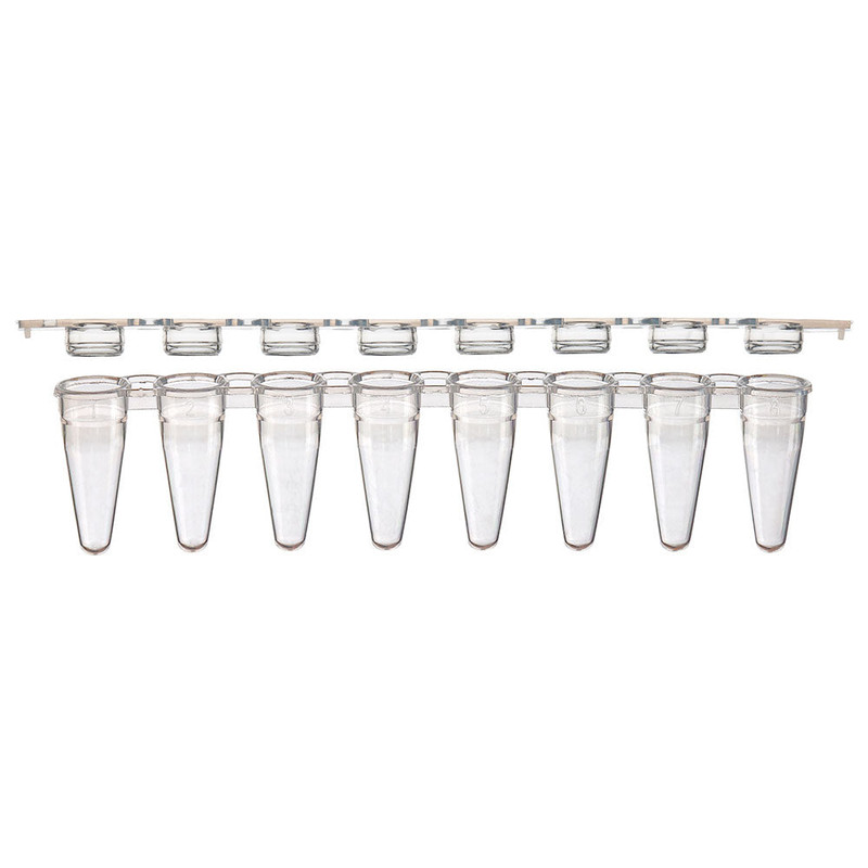 0.2mL 8-Strip Tubes, with Hinged Attached 8-Strip Clear Flat Caps, Natural