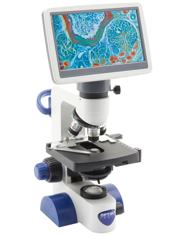 OPTIKA B-62V - B-60 Monocular brightfield microscope, 400x, with 7" monitor bundle, rechargeable batteries (not included)