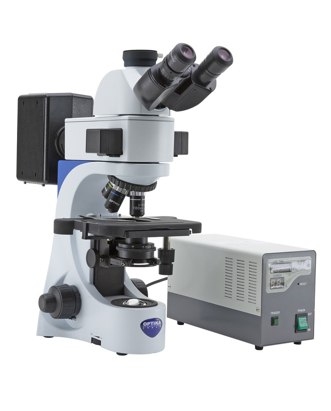 OPTIKA B-383FL - B-380 Trinocular HBO fluorescence microscope, 1000x, IOS PLAN, B&G filter set