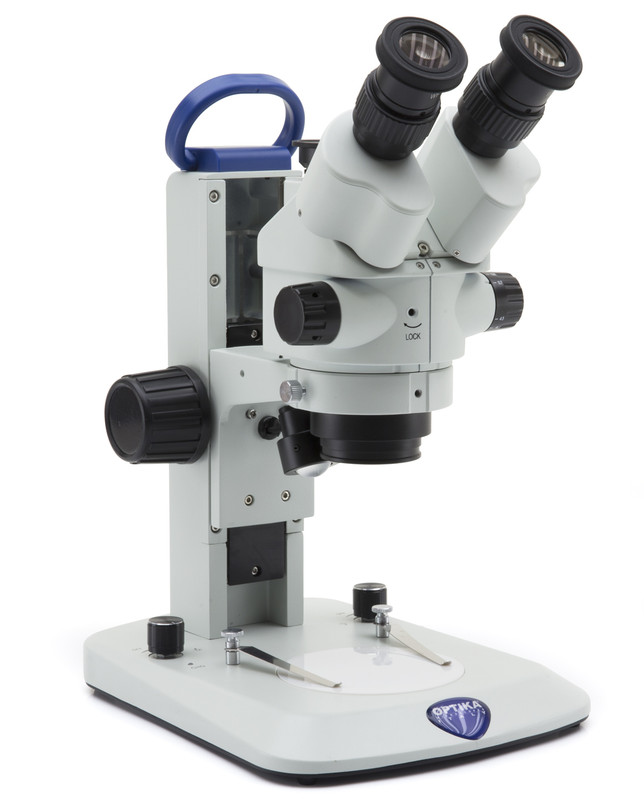 OPTIKA SLX-3 - SLX Trinocular Stereomicroscope 7x-45x, fixed arm, Zoom ratio 6.43:1, LED Incident & transmitted light, rechargeable batteries (not included)