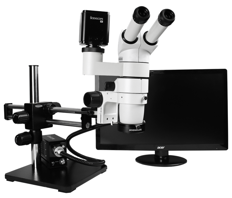 Scienscope CMO-PK12-E1, E Series Stereo Zoom Trinocular Microscope (20° Binocular Head) on Dual Arm Boom Stand with 4K-Ultra Autofocus Camera, Quadrant Compact LED Ring Light & 26" 4K Monitor