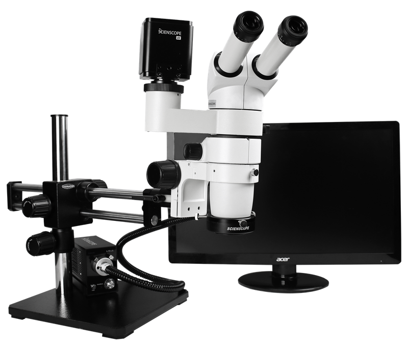 Scienscope CMO-PK12-R3E-E, E Series Stereo Zoom Trinocular Microscope (0°-45° Tilting Binocular Head) on Dual Arm Boom Stand with 4K-Ultra Autofocus Camera, High Intensity LED Ring Light & 26" 4K Monitor