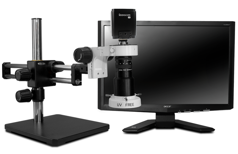 Scienscope MAC-PK5D-4KSC-E2D-AF, MACRO Zoom System on Dual Arm Boom Stand with 4K-Ultra SmartCam Autofocus Camera, Diffused Compact LED Ring Light & 26" 4K Monitor