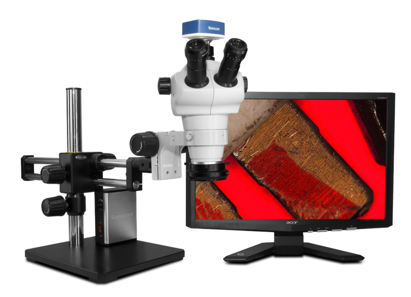 Scienscope NZ-PK10-E1, NZ Stereo Zoom Trinocular Microscope on Dual Arm Boom Stand with 1080p HDMI/USB Camera, Quadrant Compact LED Ring Light & 23" HD LCD Monitor