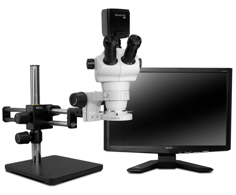 Scienscope NZ-PK12-R3, NZ Stereo Zoom Trinocular Microscope on Dual Arm Boom Stand with 4K-Ultra Autofocus Camera, High Intensity LED Ring Light with Polarizer & 26" 4K Monitor