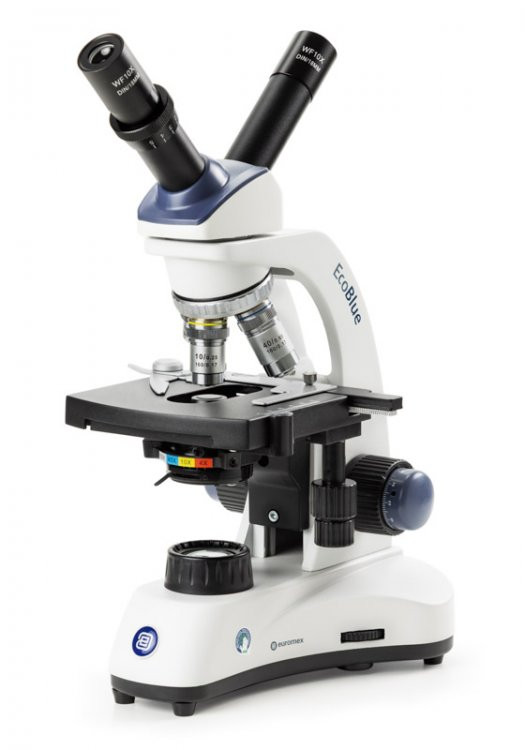 Euromex EC.1051 EcoBlue monocular microscope with achromatic 4/10/S40x objectives, 1W LED cordless illumination and X-Y mechanical stage