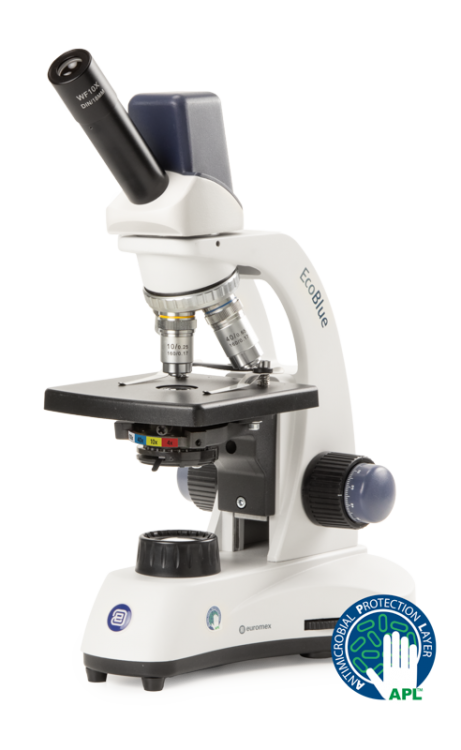 Euromex EC.1005 EcoBlue monocular microscope with achromatic 4/10/S40x objectives, plain stage with clamps and 1 W LED illumination and 5 MP digital CMOS camera