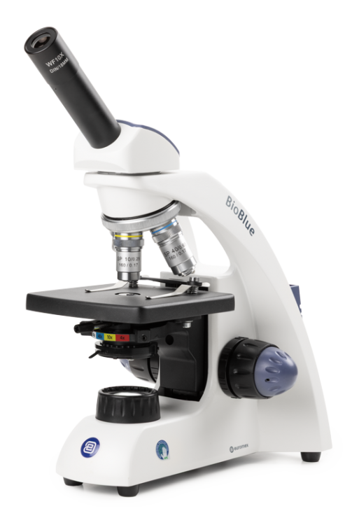Euromex BB.4200 BioBlue monocular microscope SMP 4/10/S40x objectives, plain stage with clamps and 1 W LED cordless illumination