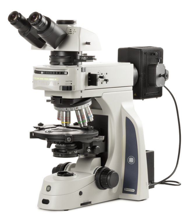 Euromex DX.2053-PLPOLRi Delphi-X Observer, trinocular microscope with SWF 10x/25 mm Ø 30 mm eyepieces, plan PLPOLi 5/10/20/50 IOS strain free objectives for polarization, EIS 60 mm parfocal, 190 mm round stage. Rotatable 360° polarizer and slider wit