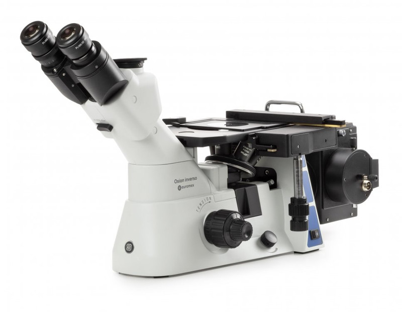 Euromex OX.2653-PLM Trinocular inverted materials science microscope with plan 5/10/20x LWD IOS, semi apochromatic 50x LWD IOS objectives and mechanical stage