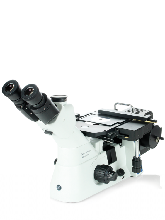 Euromex OX.2153-PLM Trinocular inverted materials science microscope with plan 5/10/20x LWD IOS, semi apochromatic 50/100x IOS objectives and mechanical stage
