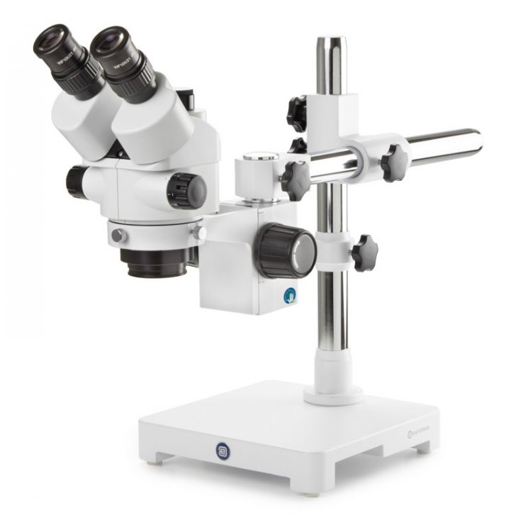 Euromex SB.1903-U Trinocular stereo zoom microscope StereoBlue, 0.7x to 4.5x zoom objective, magnification from 7x to 45x with universal stand. No illumination
