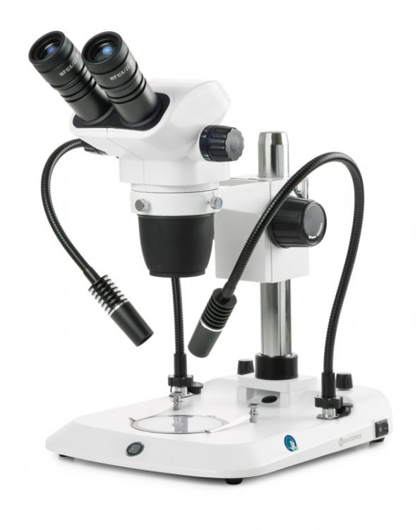 Euromex NZ.1902-PG Binocular stereo zoom microscope NexiusZoom, 0.67x to 4.5x zoom objective, magnification from 6.7x to 45x with pillar stand. Two incident LED illuminations with Gooseneck and one transmitted 3 W LED illumination