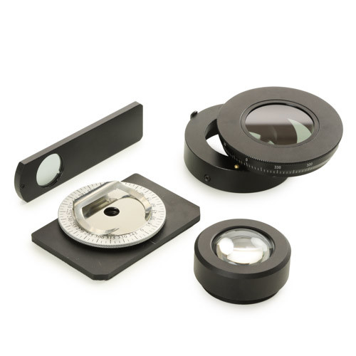 Euromex AE.5158 Polarization kit with analyzer in slider and small rotating (75 x 50 mm) stage with 2 clamps to place on X-Y stage of EcoBlue. Rotating 360° polarization filter mounted on lamp house