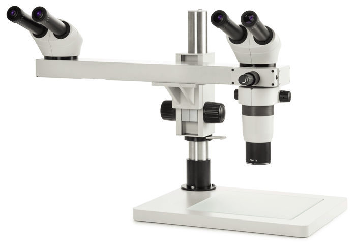 Euromex DZ.1804 DZ stereo zoom 1:8 microscope with two 20° fixed binocular heads with EWF 10x/22 eyepieces, 1x objective, magnification from 8x to 64x and large ergonomic stand without illumination