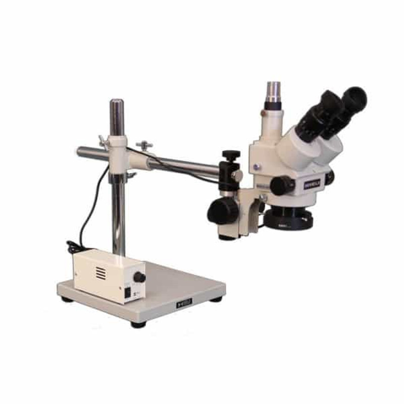 Meiji SMD-5TR Trinocular Stereo Zoom Microscope with LED Ring Light on Boom Stand for Surface Mount Device Inspection, 7x - 90x Magnification