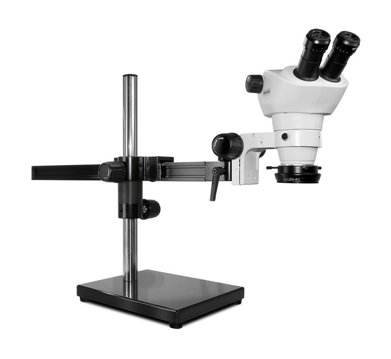 Scienscope NZ-PK5-R3, NZ Stereo Zoom Binocular Microscope on Gliding Arm Boom Stand with LED Ring Light with Polarizer, 8x to 50x Magnification