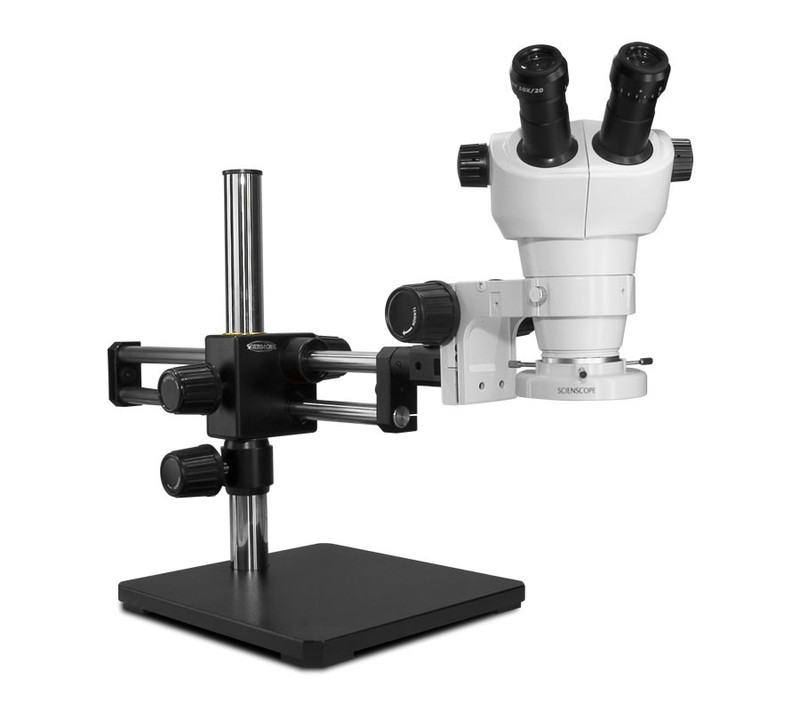 Scienscope NZ-PK5D-E1, NZ Stereo Zoom Binocular Microscope on Dual Arm Boom Stand with LED Ring Light, 8x to 50x Magnification