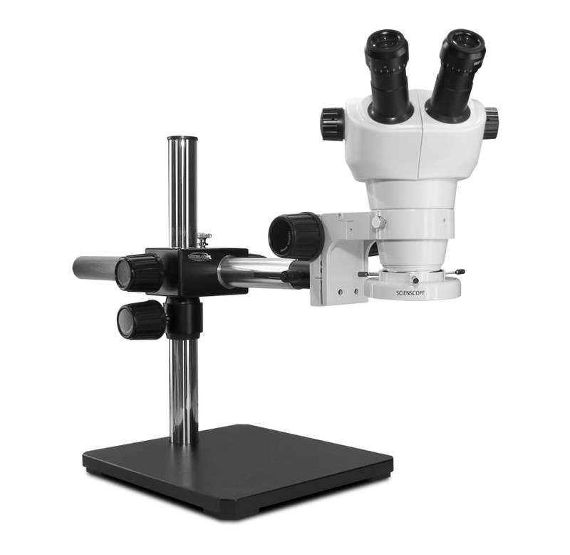 Scienscope NZ-PK5S-E1, NZ Stereo Zoom Binocular Microscope on Single Arm Boom Stand with LED Ring Light, 8x to 50x Magnification