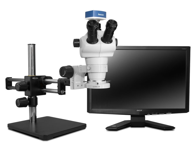 Scienscope NZ-PK10-E1, NZ Stereo Zoom Trinocular Microscope on Dual Arm Boom Stand with 1080p HDMI/USB Camera, LED Ring Light & 23" HD LCD Monitor