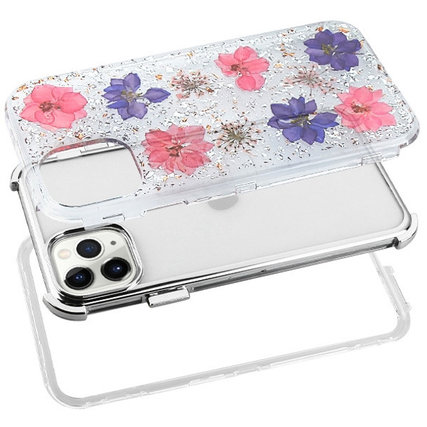 iPhone 11 Pro - Pink and Purple Flowers & Silver Flakes/Electroplating Silver Real Flowers TUFF Kleer Hybrid Case