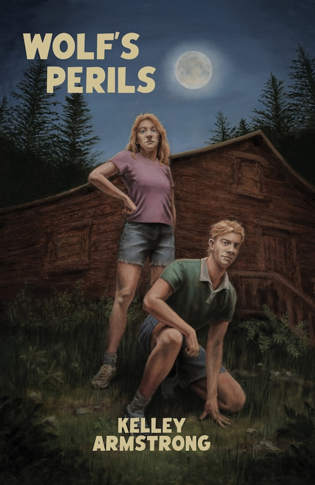 Wolf's Perils by Kelley Armstrong A Woman Standing Behind a Crouching Man. Both are in front of a ramshackle wood cabin.
