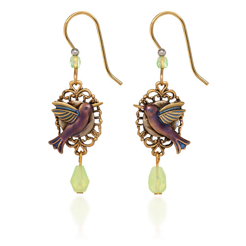 Hummingbird on Filigree Earring with Green Drop