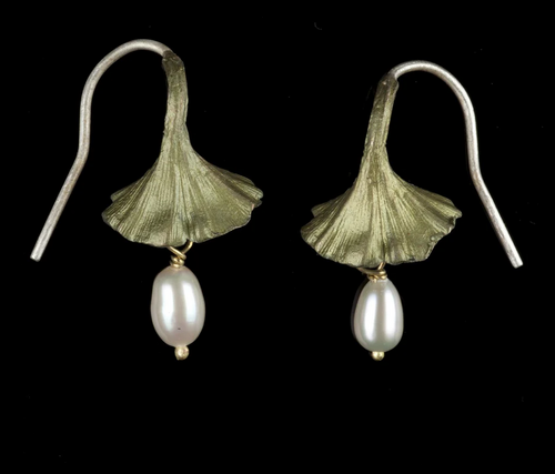Ginkgo Wire Earrings with Pearl Drop