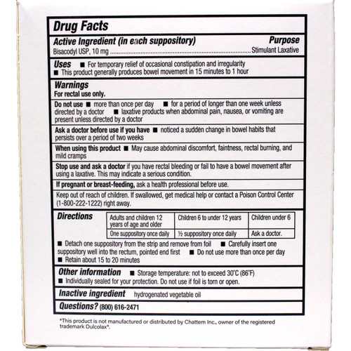 Bisacodyl Stimulant Laxative Suppositories USP, 10 mg, 50 Doses