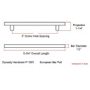 Dynasty Hardware P-1001-26 European Bar Style Cabinet Pull 5-3/4" Polished Chrome