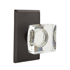 Emtek 7204-MSC-FB Modern Square Crystal Door Knob Privacy Set With Sandcast Bronze #3 Rosette Flat Black