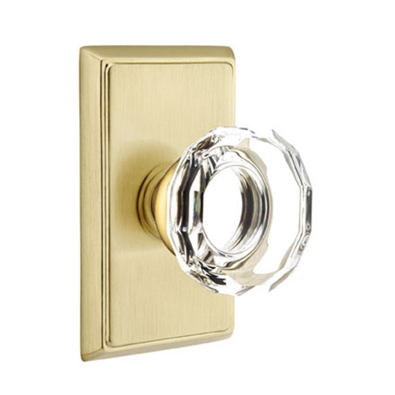 Emtek 8221-LW-US4 Lowell Crystal Door Knob Privacy Set With Rectangular Rosette Satin Brass