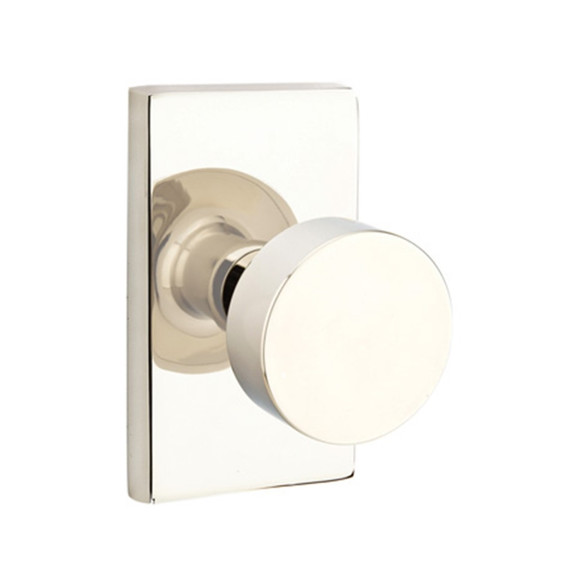 Emtek 5112-ROU-US14 Round Door Knob Passage Set With Modern Rectangular Rosette Polished Nickel